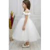 Kız Çocuk Beyaz Gül işleme Elbise Abiye Gelinlik