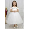 Kız Çocuk Beyaz Gül işleme Elbise Abiye Gelinlik