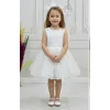 Kız Çocuk Beyaz Boncuklu Payetli Kısa Balon Kol Taşlı Boncuklu Elbise