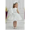 Kız Çocuk Beyaz Boncuklu Payetli Kısa Balon Kol Taşlı Boncuklu Elbise