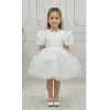 Kız Çocuk Beyaz Boncuklu Payetli Kısa Balon Kol Taşlı Boncuklu Elbise