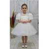 Kız Çocuk Beyaz Güllü incili Etek Detaylı Abiye Elbise