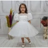 Kız Çocuk Beyaz Güllü incili Etek Detaylı Abiye Elbise