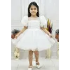 Kız Çocuk Beyaz Kabarık Gül Desenli Tül Etek şeffaf Kısa Balon Kol Elbise