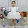 Kız Çocuk Beyaz Boncuklu Payetli Kısa Balon Kol Taşlı Boncuklu Elbise
