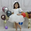 Kız Çocuk Beyaz Boncuklu Payetli Kısa Balon Kol Taşlı Boncuklu Elbise