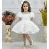 Kız Çocuk Beyaz Gül Desenli Şeffaf Kısa Balon Kol Kabarık Elbise