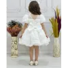 Kız Çocuk Beyaz Gül Desenli Şeffaf Kısa Balon Kol Kabarık Elbise