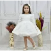Kız Çocuk Beyaz Gül Desenli Kabarık Elbise