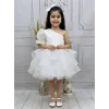 Kız Çocuk flok Beyaz Tek Omuz Puantiyeli Gren Etekli Kabarık Elbise