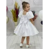 Kız Çocuk Beyaz Kare Yaka Balon Kol Uzun Fiyonklu İnci İşlemeli Elbise