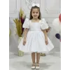 Kız Çocuk Beyaz Kare Yaka Balon Kol Uzun Fiyonklu İnci İşlemeli Elbise