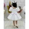 Kız Çocuk Beyaz Kare Yaka Balon Kol Uzun Fiyonklu İnci İşlemeli Elbise