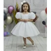 Kız Çocuk Beyaz Simli Parıltılı Dalgalı Tül Kabarık Elbise