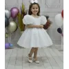 Kız Çocuk Beyaz Simli Parıltılı Dalgalı Tül Kabarık Elbise