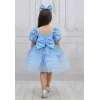 Kız Çocuk Bebe Mavisi Boncuklu Payetli Grenli Kalp Detaylı Kabarık Elbise