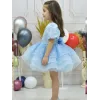 Kız Çocuk Bebe mavisi Kısa Balon Kol Taşlı Boncuklu Elbise