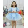 Kız Çocuk Bebe mavisi Kısa Balon Kol Taşlı Boncuklu Elbise