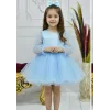 Kız Çocuk Bebe Mavisi Incili Uzun Kol Incili Kabarık Elbise