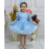 Kız Çocuk Bebe Mavisi Boncuklu Payetli Uzun Kol Kabarık Elbise Abiye Gelinlik