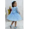 Kız Çocuk Bebe Mavisi Boncuklu Payetli Dekolteli Uzun Kol Kabarık Elbise