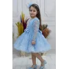 Kız Çocuk Bebe Mavisi Boncuklu Payetli Dekolteli Uzun Kol Kabarık Elbise