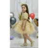 Kız Çocuk Gold Boncuklu Payetli Kısa Balon Kol Kabarık Elbise