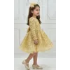 Kız Çocuk Gold Boncuklu Payetli Kabarık Elbise Uzun Kol