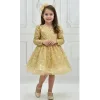 Kız Çocuk Gold Boncuklu Payetli Kabarık Elbise Uzun Kol