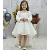 Kız Çocuk Beyaz Gül Desenli Kuyruklu Elbise Abiye
