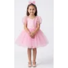 Kız Çocuk Şeker Pembesi Kalp Detaylı Balon Kısa Kol Elbise