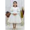 Kız Çocuk Beyaz Boncuklu Balon ve Düz Kol Elbise