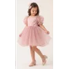 Kız Çocuk Pudra Flok Tüllü Prenses Kol Kalp Detaylı Kabarık Elbise