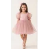 Kız Çocuk Pudra Flok Tüllü Prenses Kol Kalp Detaylı Kabarık Elbise