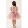Kız Çocuk Pudra Flok Tüllü Prenses Kol Kalp Detaylı Kabarık Elbise