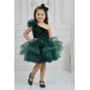 Kız Çocuk Zümrüt Yeşilli Payetli Kadife Grenli Tek Omuz Kabarık Elbise