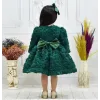Kız Çocuk Zümrüt Yeşili Gül Detaylı Kabarık Elbise