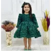 Kız Çocuk Zümrüt Yeşili Gül Detaylı Kabarık Elbise