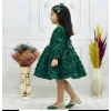 Kız Çocuk Zümrüt Yeşili Gül Detaylı Kabarık Elbise