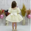 Kız Çocuk Krem Gül 3D Desenli Kısa Balon Üstü şeffaf Kol Kabarık Elbise