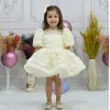 Kız Çocuk Krem Gül 3D Desenli Kısa Balon Üstü şeffaf Kol Kabarık Elbise