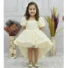 Kız Çocuk Krem Kuyruklu Şeffaf Gül Desenli Kısa Balon Kol Elbise Abiye
