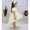 Kız Çocuk Krem Kuyruklu Gül Desenli Kapalı Yaaka Kısa Kol Elbise Abiye Elbise Gelinlik
