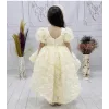 Kız Çocuk Krem Kuyruklu Gül Desenli Kapalı Yaaka Kısa Kol Elbise Abiye Elbise Gelinlik
