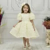 Kız Çocuk Krem Gül 3D Desenli Kısa Balon Kol Kabarık Elbise