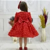 Kız Çocuk Kırmızı Gül Desenli Uzun Balon Kol Kabarık Elbise