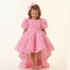 Kız Çocuk Pembe Arkası V Yaka Gül Desenli Kısa Balon Kol Elbise Abiye