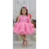 Kız Çocuk Pembe Uzun Kol Güllü Kabarık Elbise Abiye Gelinlik