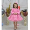 Kız Çocuk Pembe Uzun Kol Güllü Kabarık Elbise Abiye Gelinlik