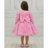 Kız Çocuk Pembe Uzun Kol Güllü Kabarık Elbise Abiye Gelinlik
